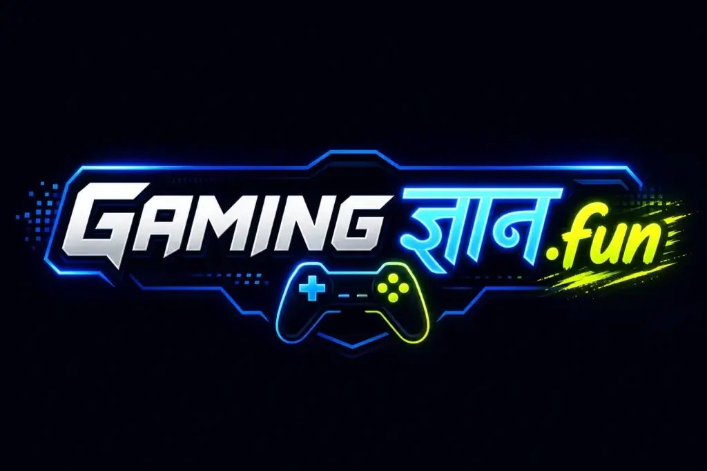 Logo featuring "GAMING ज्ञान.fun" in bold text with neon blue and yellow accents. Includes a stylized game controller, conveying a futuristic gaming theme.